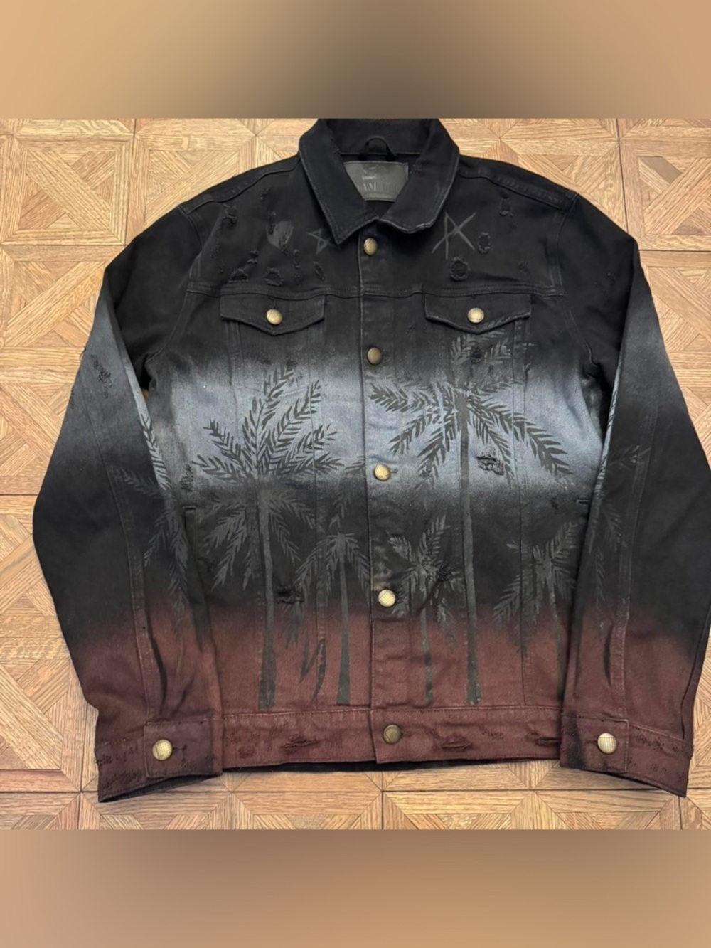 Men's Black to Burgundy Ombre Palm-Print Denim Jacket